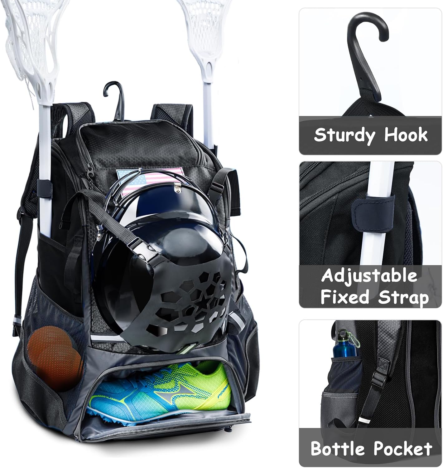 Lacrosse Bag with Stick & Helmet Holders, Separate Shoe Space, Pockets for Gloves & Accessories