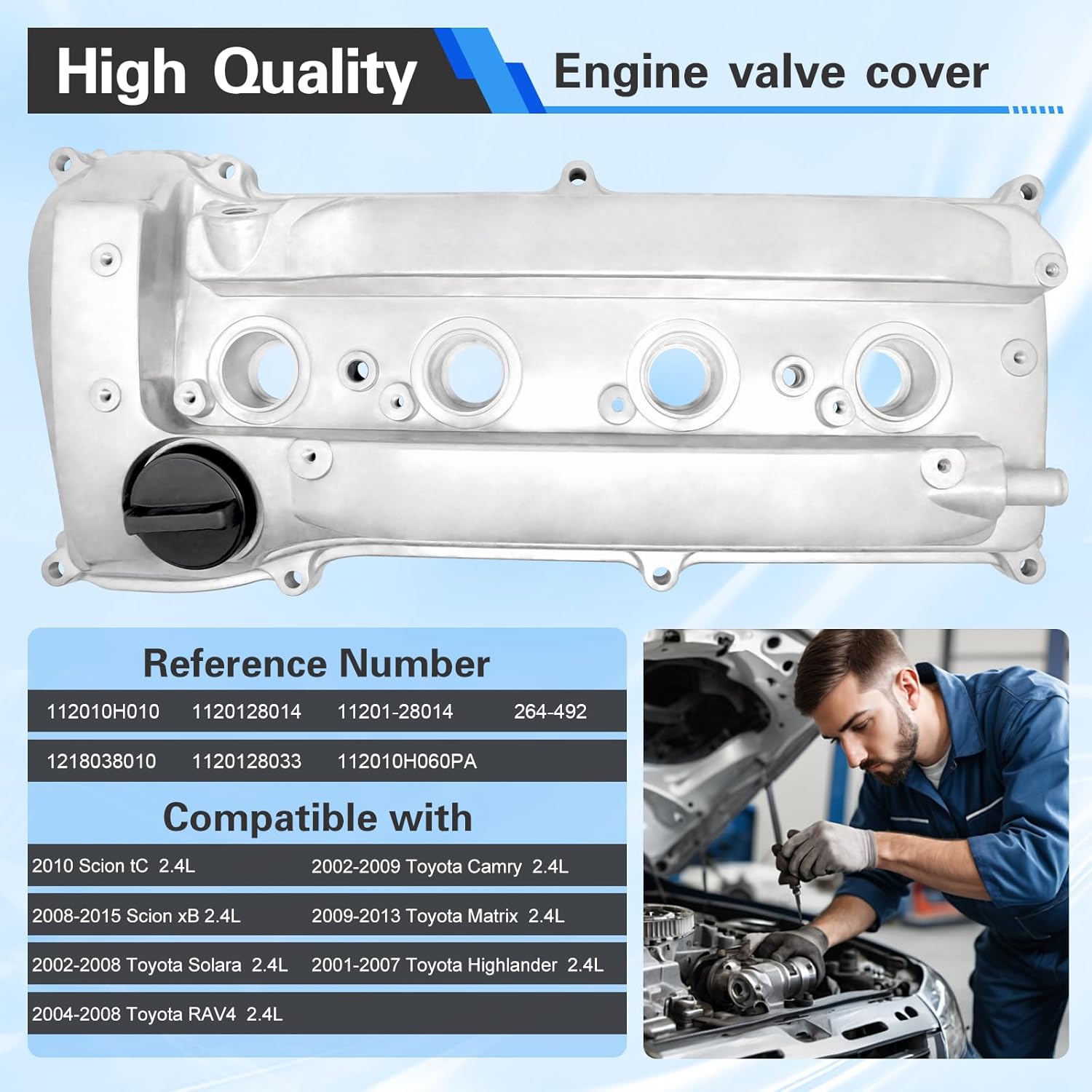 Engine Valve Cover with Gasket, Compatible with 2002-2009 Toyota Camry, 2009-2013 Corolla & Matrix, 2001-2007 Highlander, 2004-2008 RAV4, 2002-2008 Solara ＆ Scion tC xB, L4 2.4L