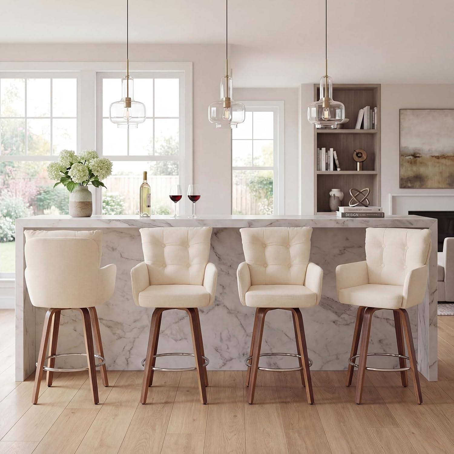 28 Inch Bar Stools Set of 2, Modern Counter Height Swivel Bar Stools with Backs and Arms, Wood Legs and Footrest, Upholstered Pub Off White Bar Chairs Kitchen Island
