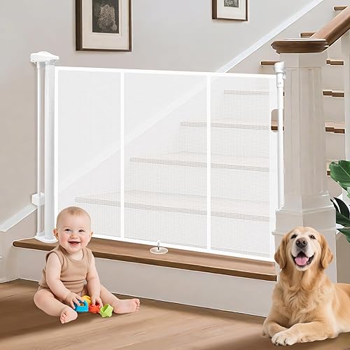 Puertas de bebé retráctiles para escaleras, puerta de perro retráctil de 55" de ancho, puerta de seguridad para niños extra alta de 34" con varillas