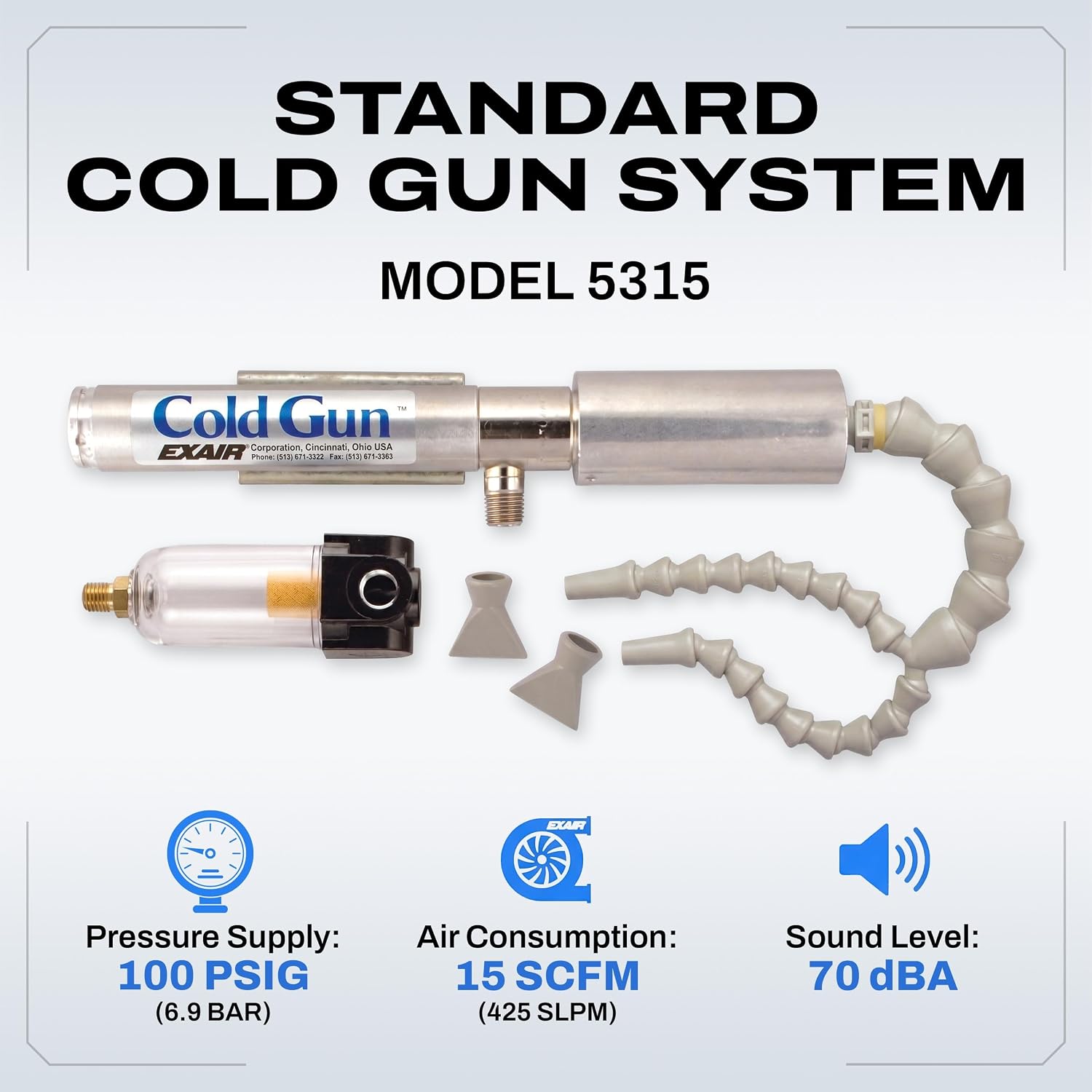 EXAIR Standard Cold Gun System, Compressed Air Compressor Tool Attachments for Cooling, Vortex Tube Technology, 100 PSIG, 5315 2 Outlets