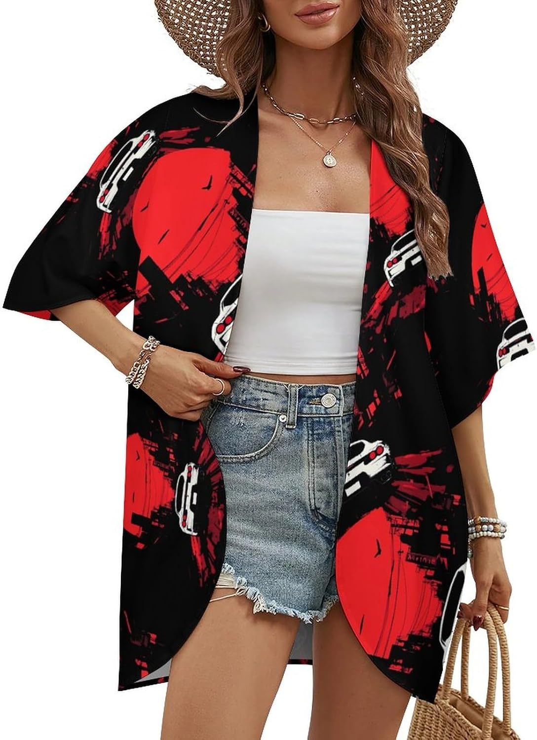 Japan Motorsport-Car Women's Open Front Cardigan Short Sleeves Jacket Lightweight Sweaters Tops