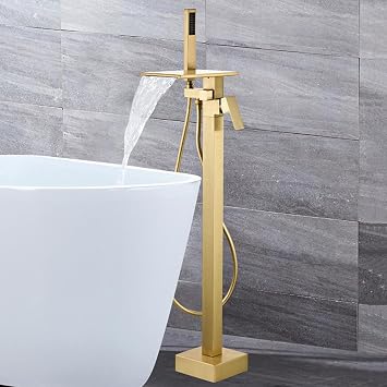 Freestanding Bath Faucets Floor Mounted Waterfall Brass-Brushed Gold