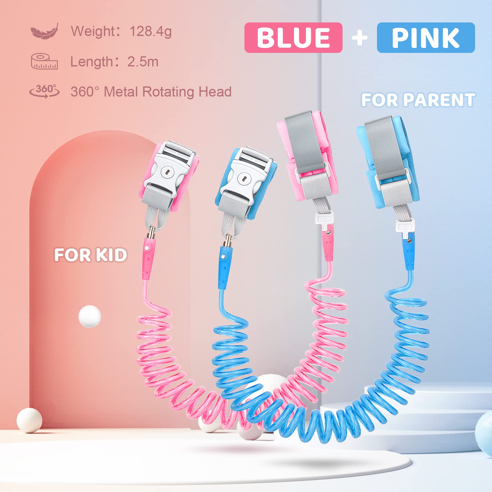 PARENCE Bracciale Di Sicurezza Per Bambini – Doppi Lacci Con Velcro, Regolabile, Lunghezza 1,65 M, Blu - 2
