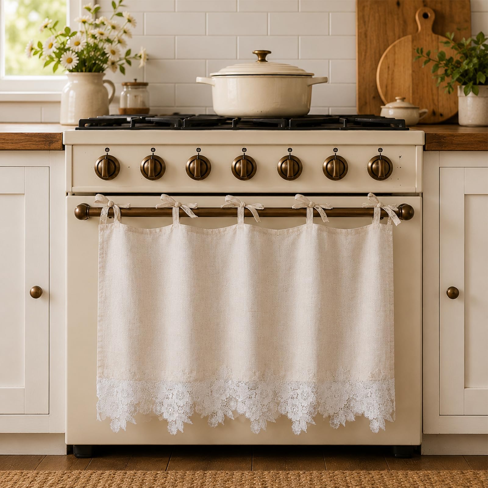 HonorHut Floral Lace Oven Skirts Vintage Tie Back Panel Curtain