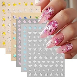 6Sheets Five-Pointed Star Nail Stickers for Nail Art 3D Self-Adhesive Gold Star Designs Pentagram Press on Tips Pegatinas Uñas Glitter Manicure Art Decor French Manicure Accessories for Women