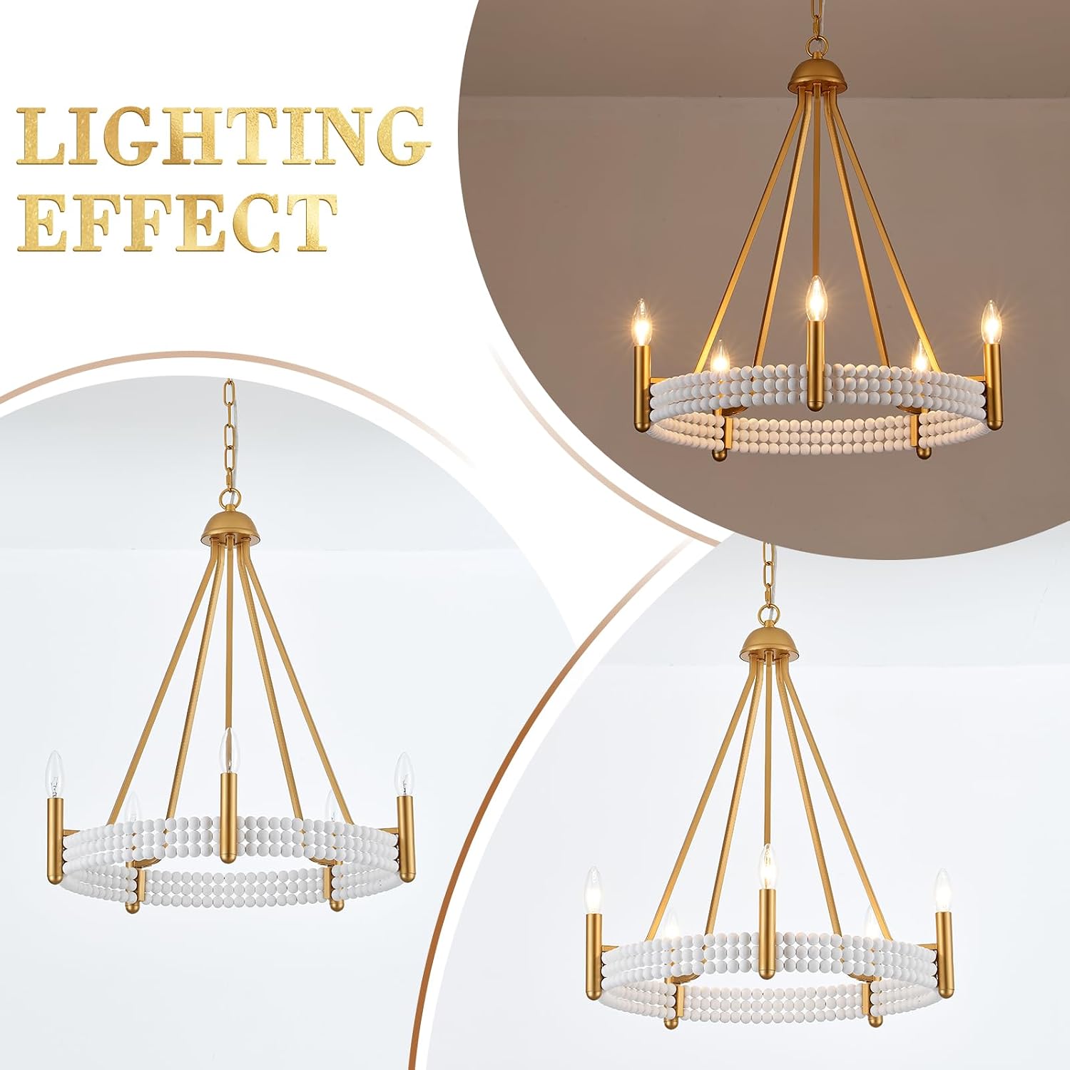 Bohemia Wood Bead Chandelier Light Fixture 5-Light Gold Farmhouse Wagon Wheel Chandelier for Dining Room Rustic Farmhouse Pendant Light for Dining Room Living Room Foyer Kitchen Island, UL Listed