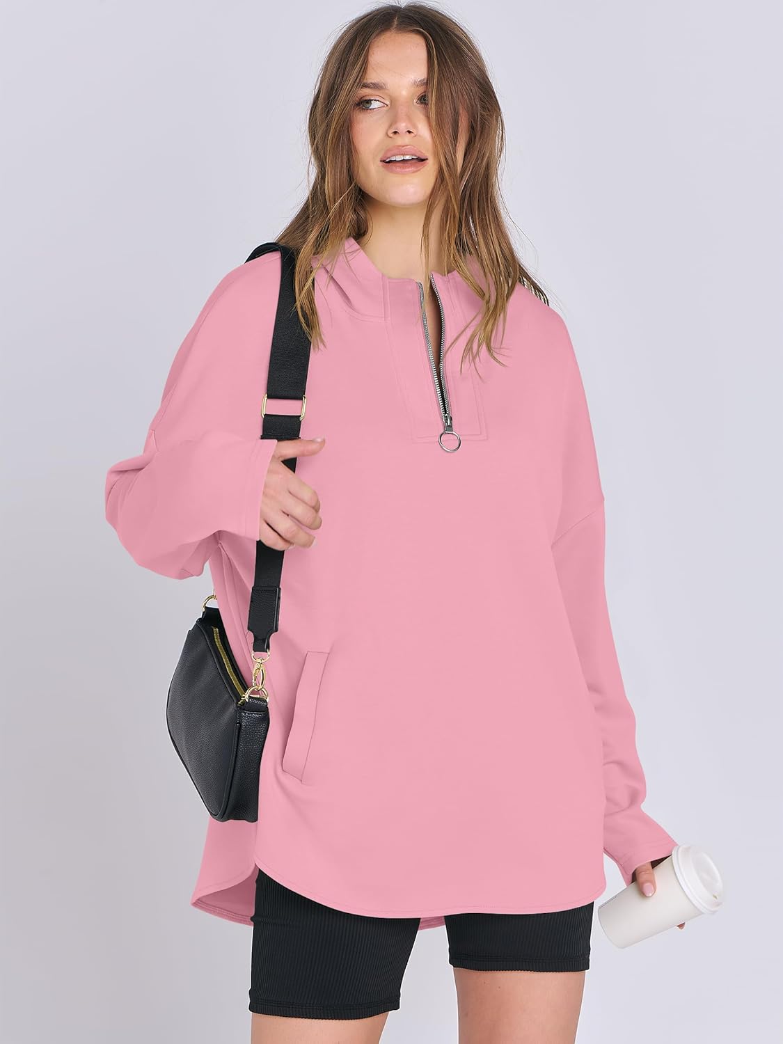 ANRABESS Womens Oversized Hoodie Quarter Zip Sweatshirts 2025 Fall Winter Tunic Pullover Top Trendy Teen Girls Preppy Clothes