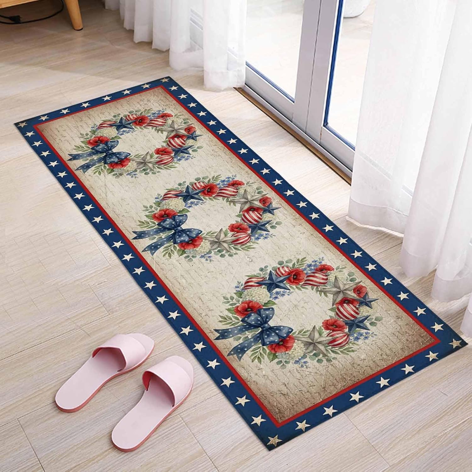 Teamery Kitchen Mats for Floor Independence Day 250th Anniversary Washable Non Slip Kitchen Rugs 1PCS, Patriotic Floral Wreath Absorbent Standing Mats for Sink Bathroom Office Living Room 23.6x70.9in