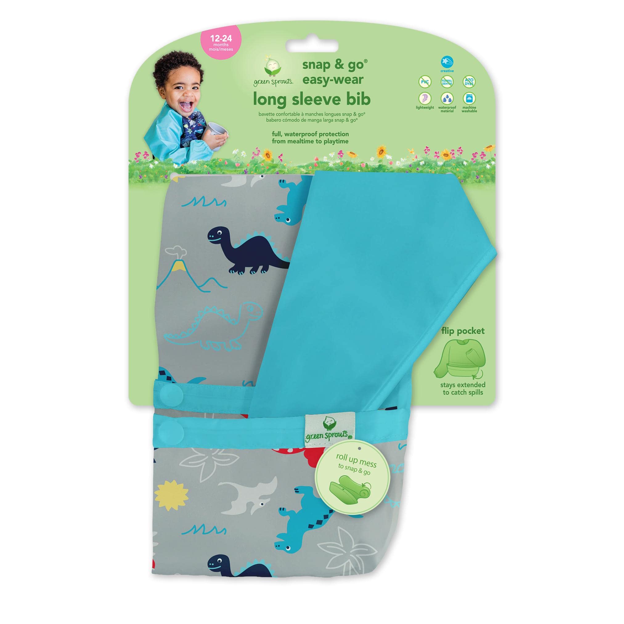 Green Sprouts Snap & Go Easy-Wear Long Sleeve Bib 12-24M Dino, of — image 1