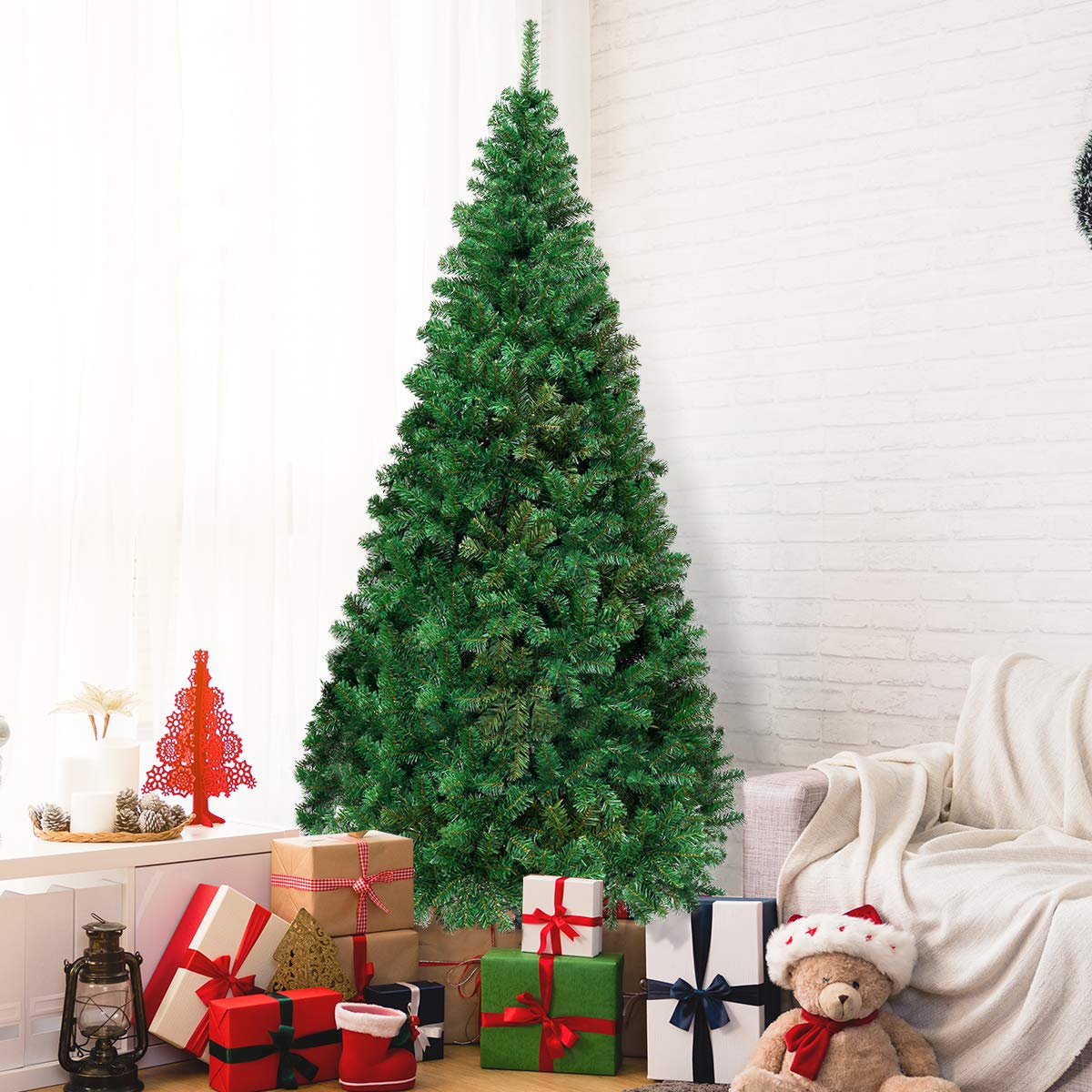 COSTWAY 210 cm Árbol de Navidad Artificial, Arbol de Navidad Verde con Base Metálica, Árbol Artificial de PVC con 950 Ramas, Decoración Navideña para Interiores Fácil de Montar