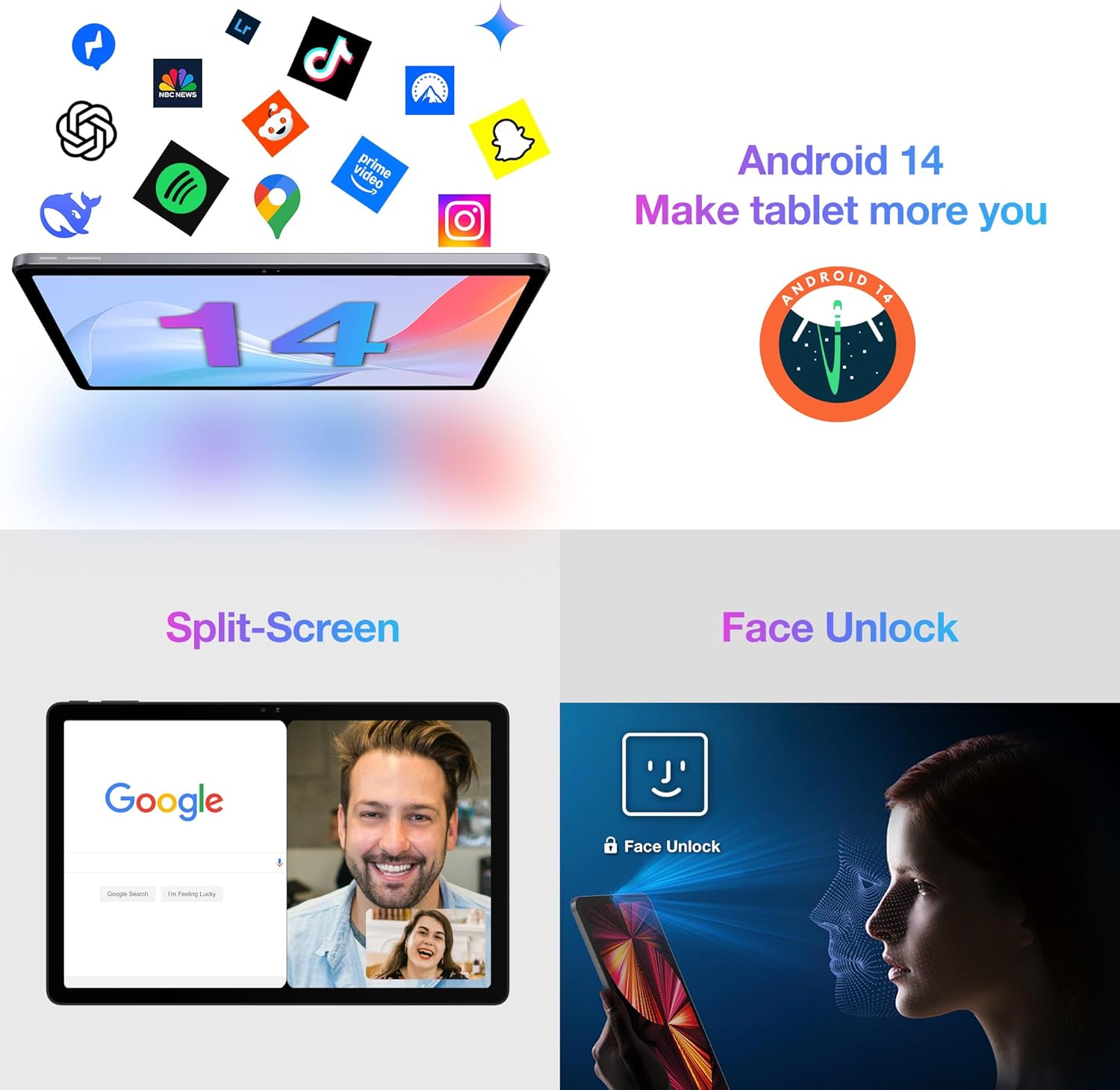 Tauleta AGM Pad T2 que mostra la interfície d'Android 14 amb pantalla dividida i funcions de desbloqueig facial