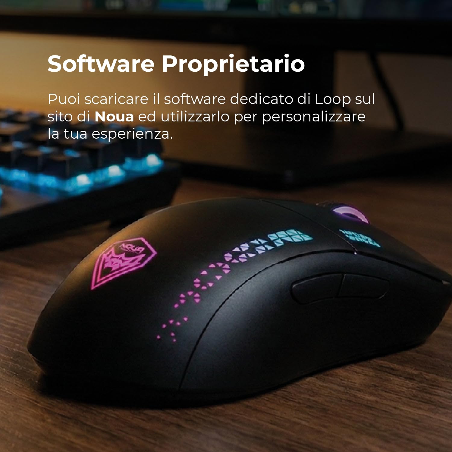 Noua Loop Mouse Gaming RGB | Sensore Pixart 3335 fino a 32000 DPI | 70g Ultra-Leggero | 9 Pulsanti Programmabili | Switch Huano | Ambidestro | Software Dedicato | Nero