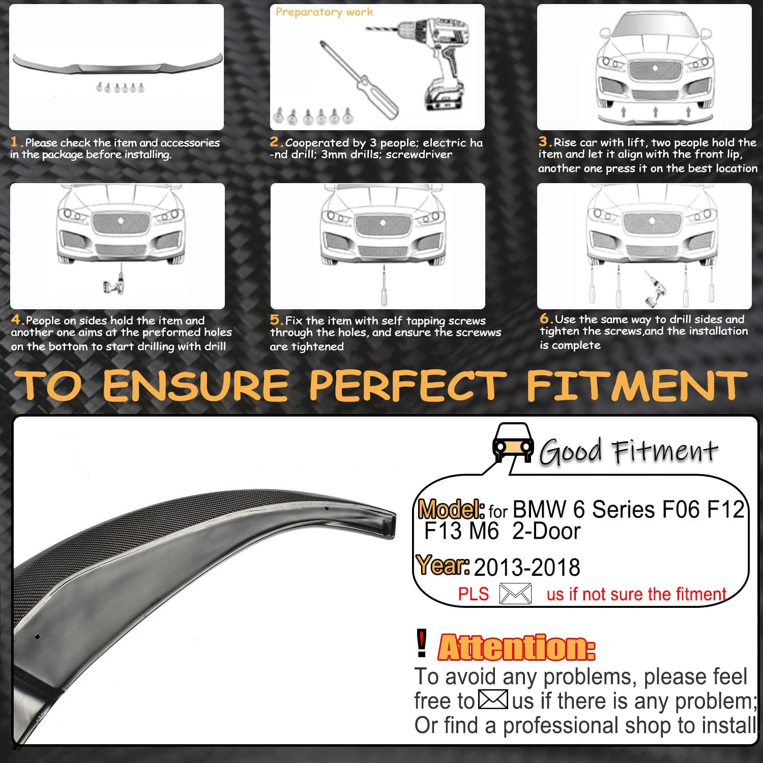 Carbon Fiber Front Lip for BMW 6 Series M6 2013-2018 F06 Gran Coupe F12 Convertible F13 Coupe, Lightweight, Sporty Exterior Upgrade for Tuning Enthusiasts