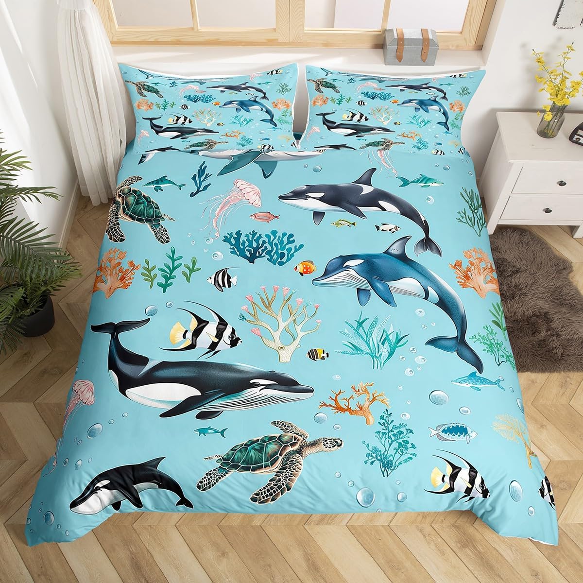 jejeloiu Shark and Whale Bedding Set Cartoon Sea Animal Duvet Cover Set for Kids Boys Girls Octopus Turtle Comforter Cover Underwater World Quilt Cover Bedroom Collection 2Pcs Toddler,No Comforter