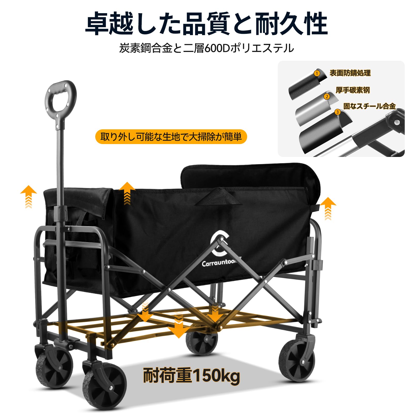 Amazon.co.jp: Carrauntoohill アウトドアワゴン 【後部展開可】100L大容量 輕量 折りたたみ キャリーカート  耐荷重150KG キャリーワゴン キャンプ用品長物対応 全地形対応 コンパクトに収納でき キャンプ BBQ 釣り 買い物に最適 (ブラック) :  スポーツ＆アウトドア
