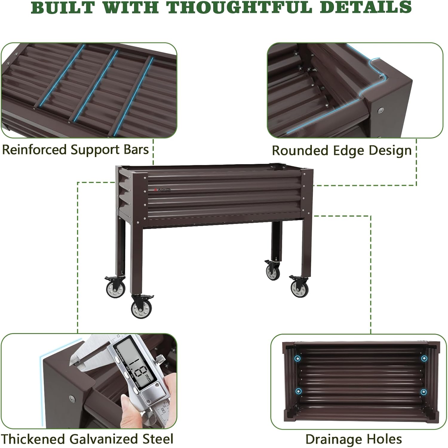 A ANLEOLIFE Galvanized Raised Garden Bed with Legs, 48x18x35in Elevated Planter Box on Wheels with Drainage Holes for Backyard, Balcony, Patio, 540lb Capacity, CaféBronze