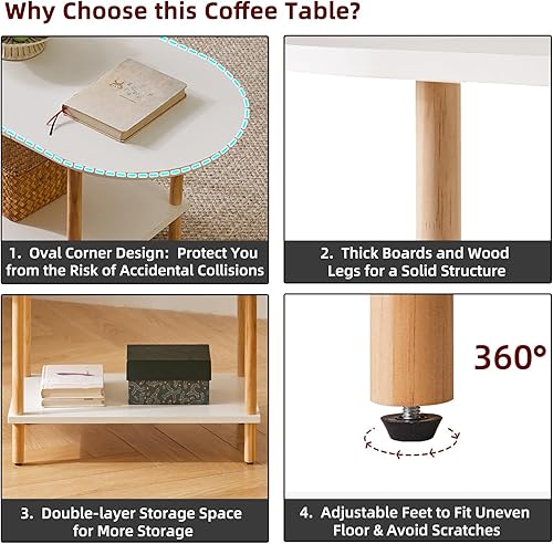 Miniatura 5 de Mesa de Café Oval Blanca, Mesa de Café Pequeña de Madera para Espacios Pequeños, Soporte de Mesa de Té de 35 * 16 * 17 pulgadas, Mesa Central de 2