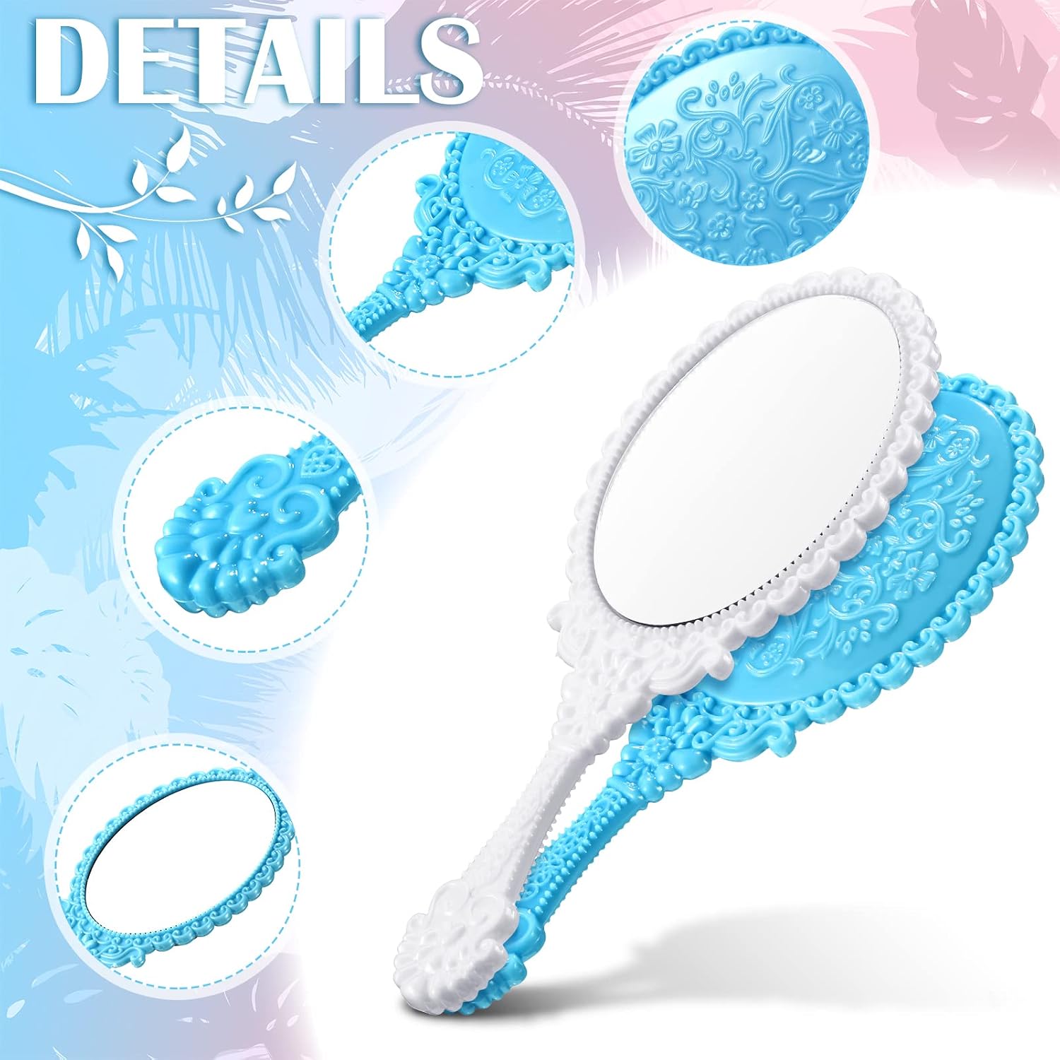 Yalikop 16 Pcs Vintage Handheld Mirror with Handle Small Cute 3.11" x 7.09"Embossed Princess Handheld Mirror for Women Gifts Princess Party Favors Travel Makeup Supplies(Black, White, Blue, Pink)