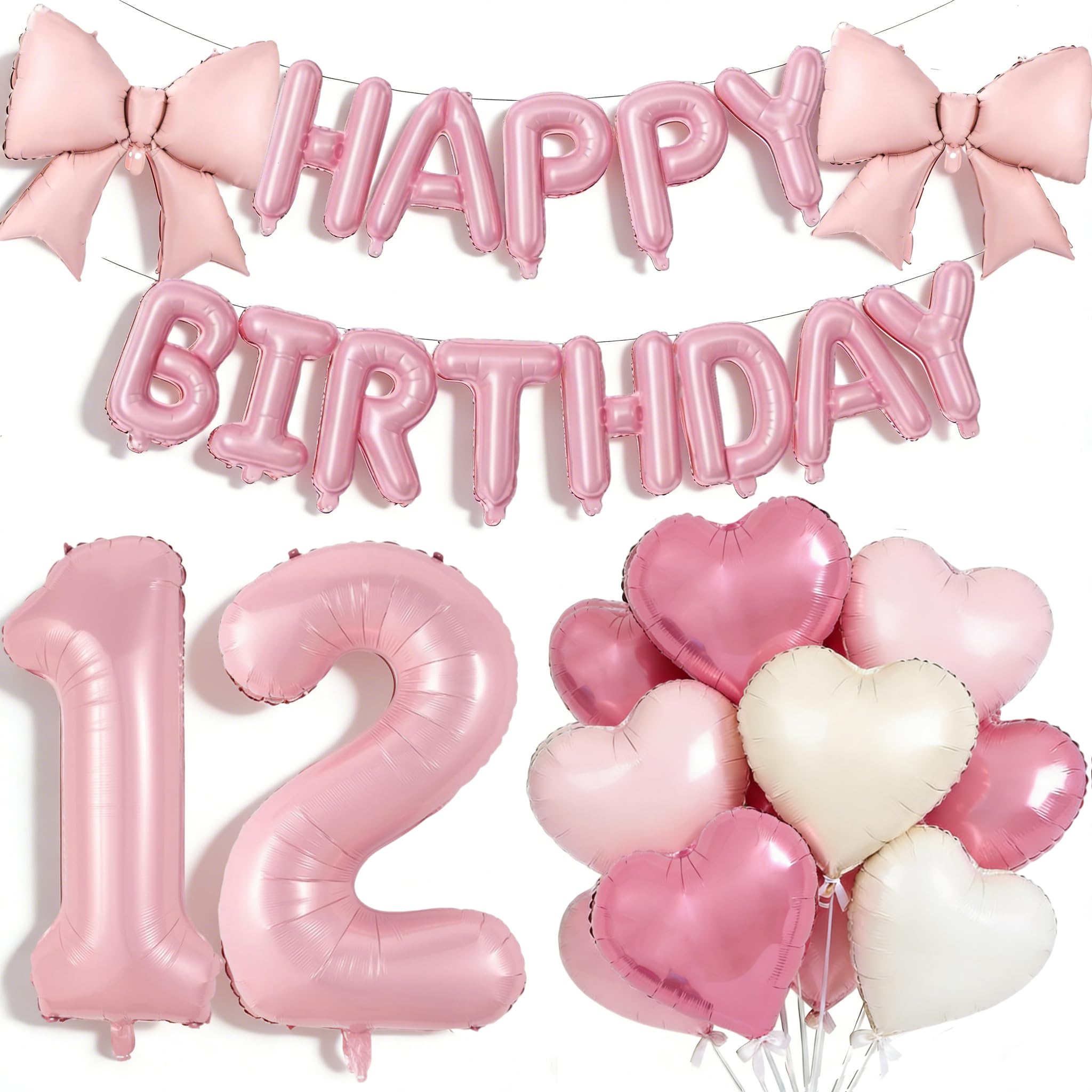 Pink Happy 12th Birthday Decorations, Large 12 Number Foil Balloon 21 Inch Pink Bow 16 Inch Happy Birthday Letter Balloons Banner with 18 Inch Heart Balloons for 12 Yeal Old Girls Party