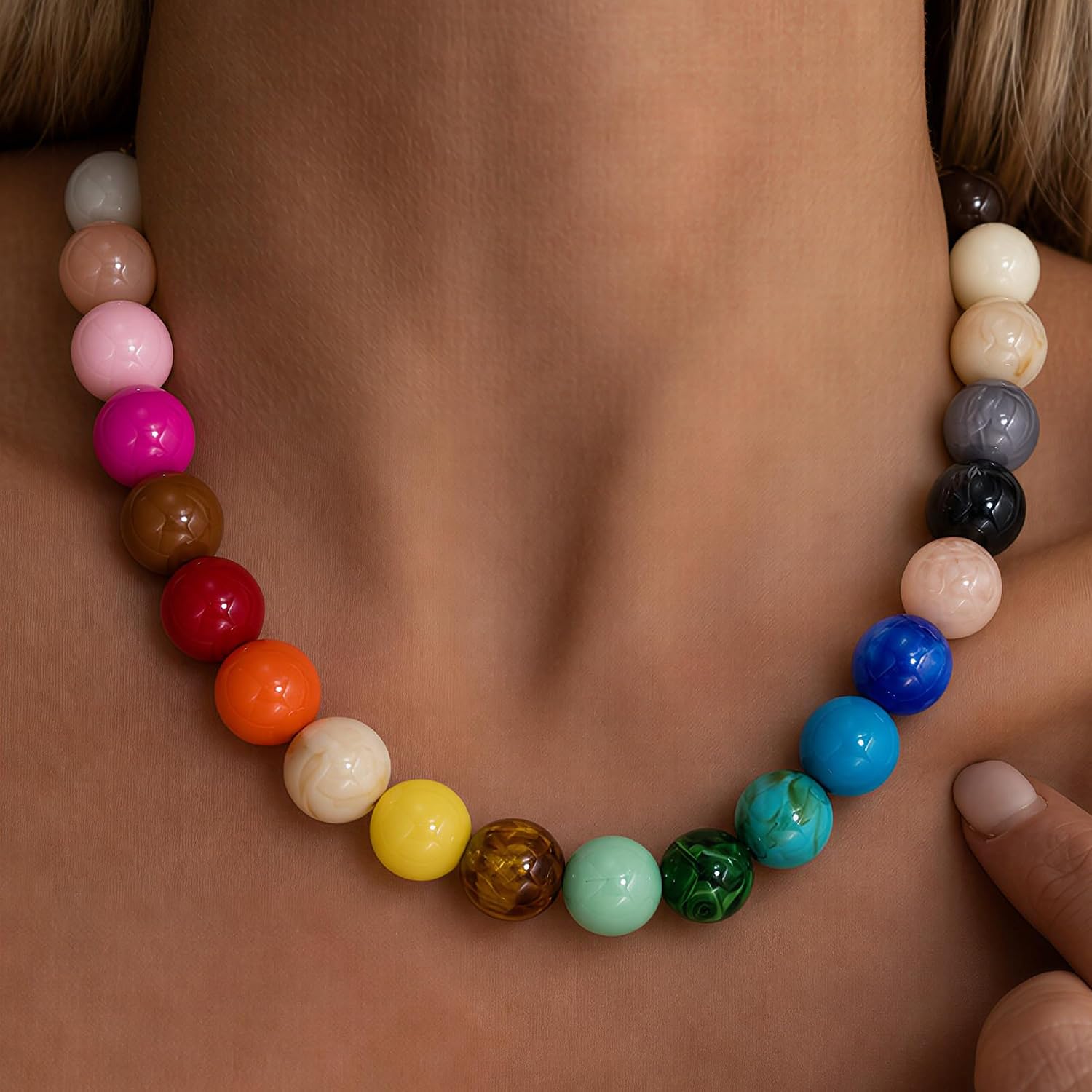 Multicolor Chunky Beaded Necklace, Statement Colorful Round Ball Beads Choker Necklace with Gold-Tone Adjustable Chain, Fashion Bold Neck Jewelry for Women