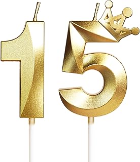 15th Birthday Candles for Cake, Number 15 Gold Candles with Crown, 3D Design Birthday Cake Topper for Boy Girl Women Men Birthday Party Wedding Anniversary Celebration Decorations Supplies