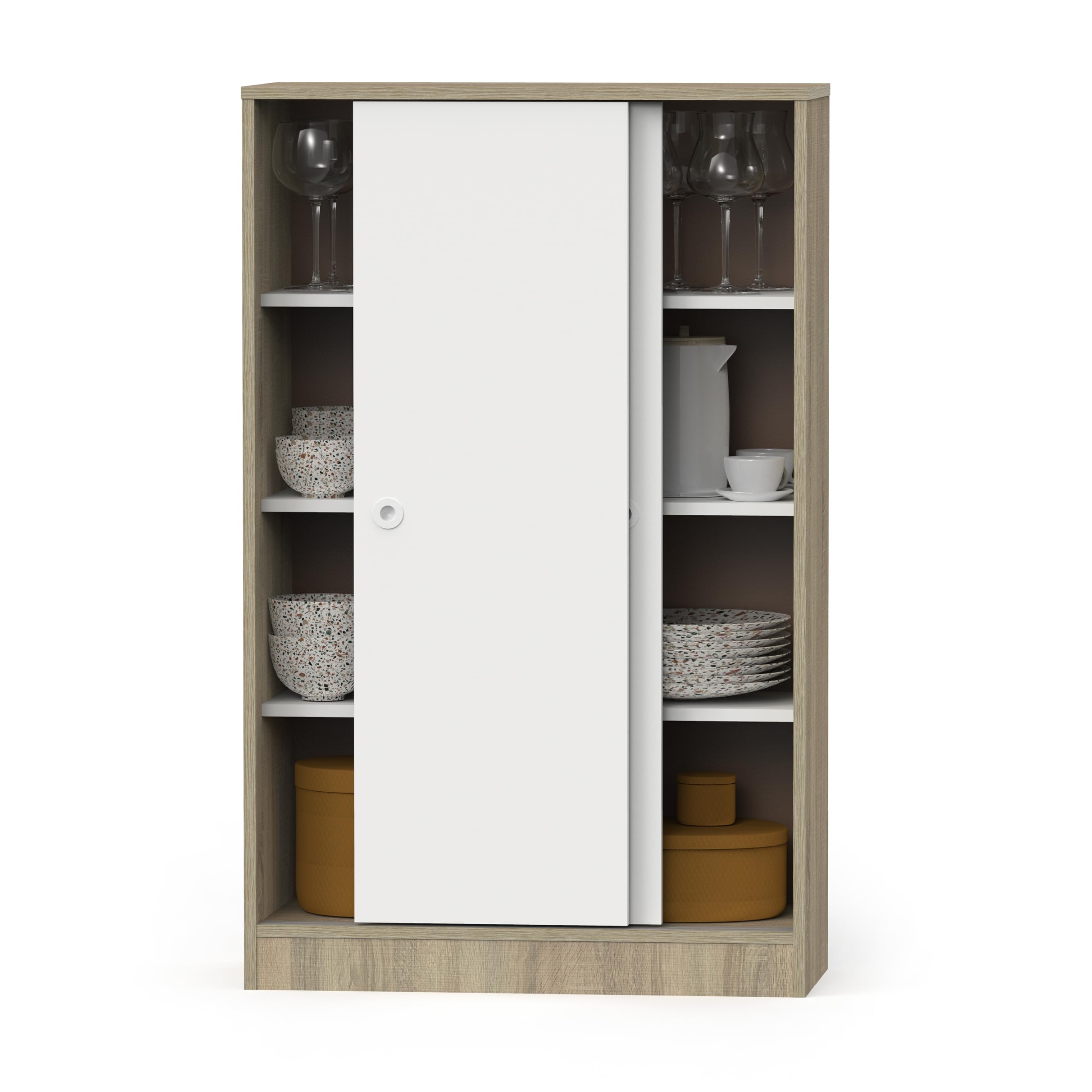 Armoire Basse à Portes Coulissantes – 120x74x33 Cm, Blanc Et Chêne, Multi-usage Pour Entrée, Bureau, Cuisine - 2