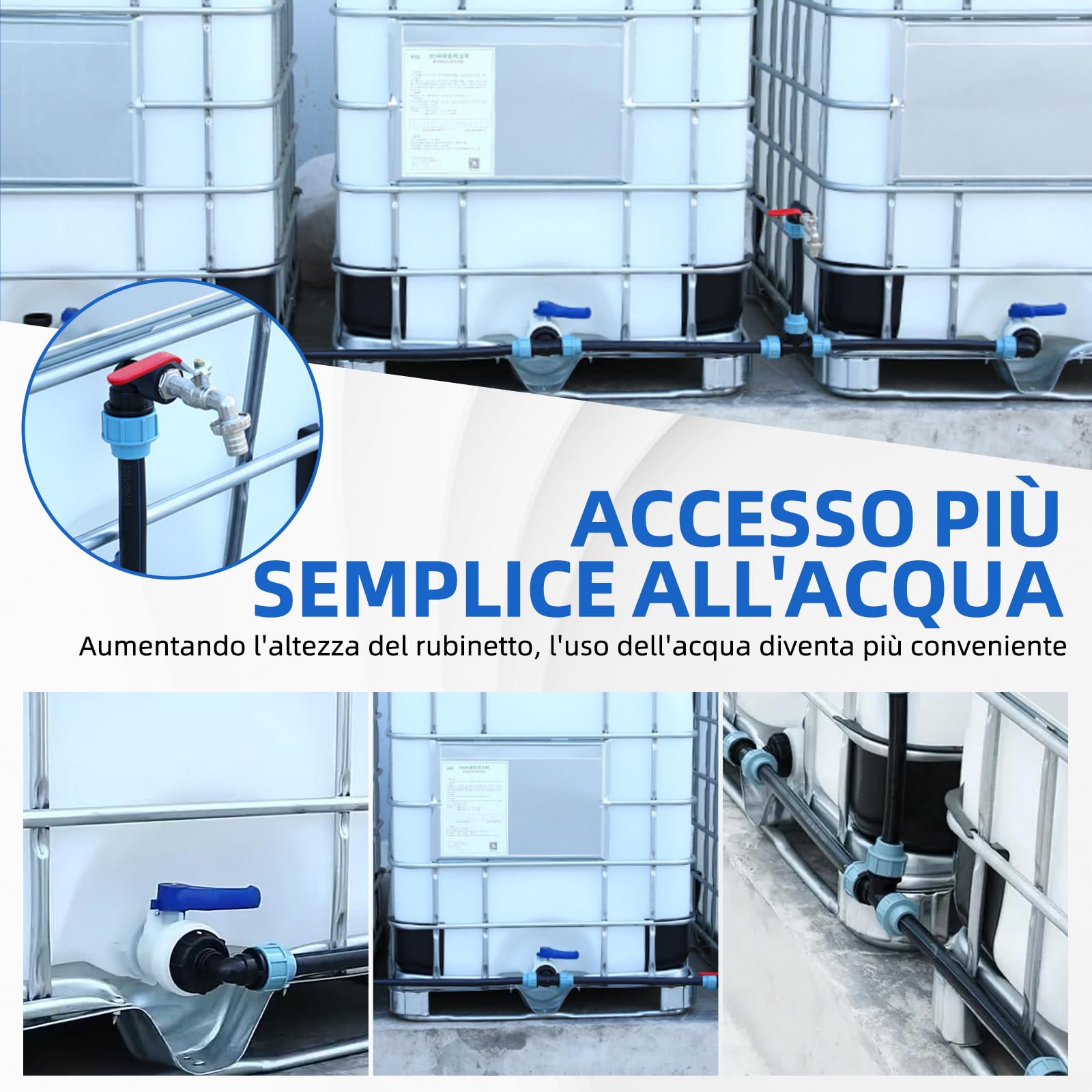 IBC - Set di collegamento per 3 serbatoi IBC o serbatoi di pioggia, con rubinetto a collo di cigno da 3/4", uscita con raccordo tubolare, ideale per l'irrigazione del giardino