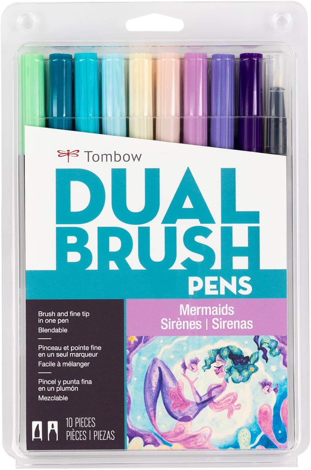 Tombow 56256 Dual Brush Pen Art Markers, Mermaids, 10-Pack, Water-Based Ink, for Hand Lettering, Watercolor, Fine Art, Illustrations