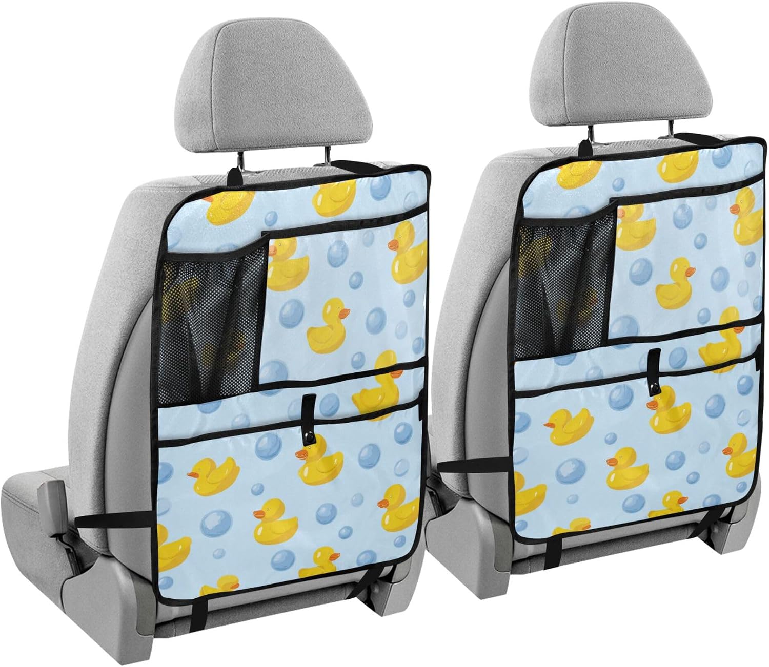 OTVEE Yellow Duck Water Bubble Car Backseat Organizer with Tablet Holder, Cute Polyester Car Kick Mats Back Seat Protector with Mesh Pockets for Kids Toddlers Road Trip Essentials, Hanging Au