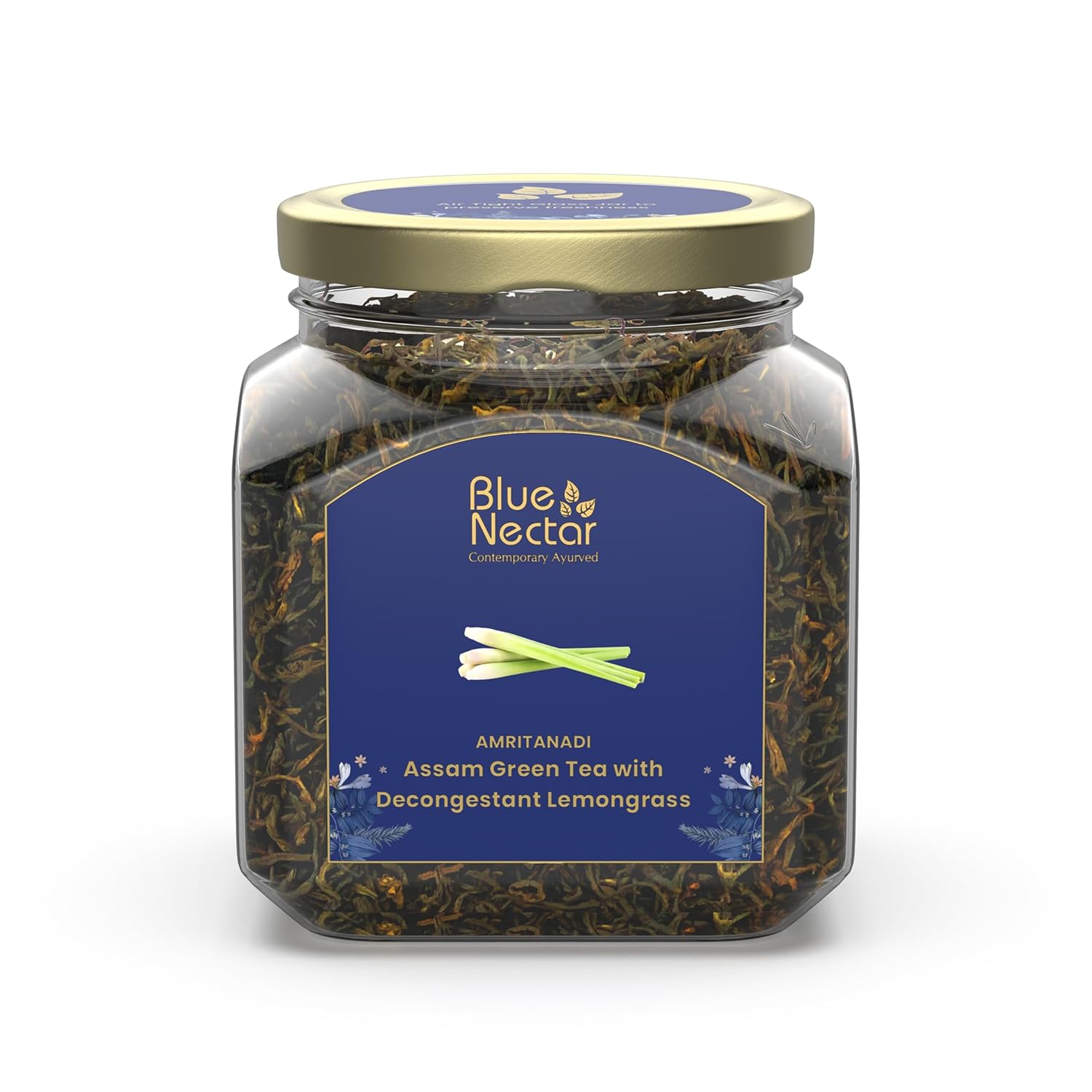 Blue Nectar Decongestant Lemongrass Green Tea Loose Leaves, Sourced from Assam Tea Garden | Eco Friendly Glass Jars with Green Tea Infuser (65g)