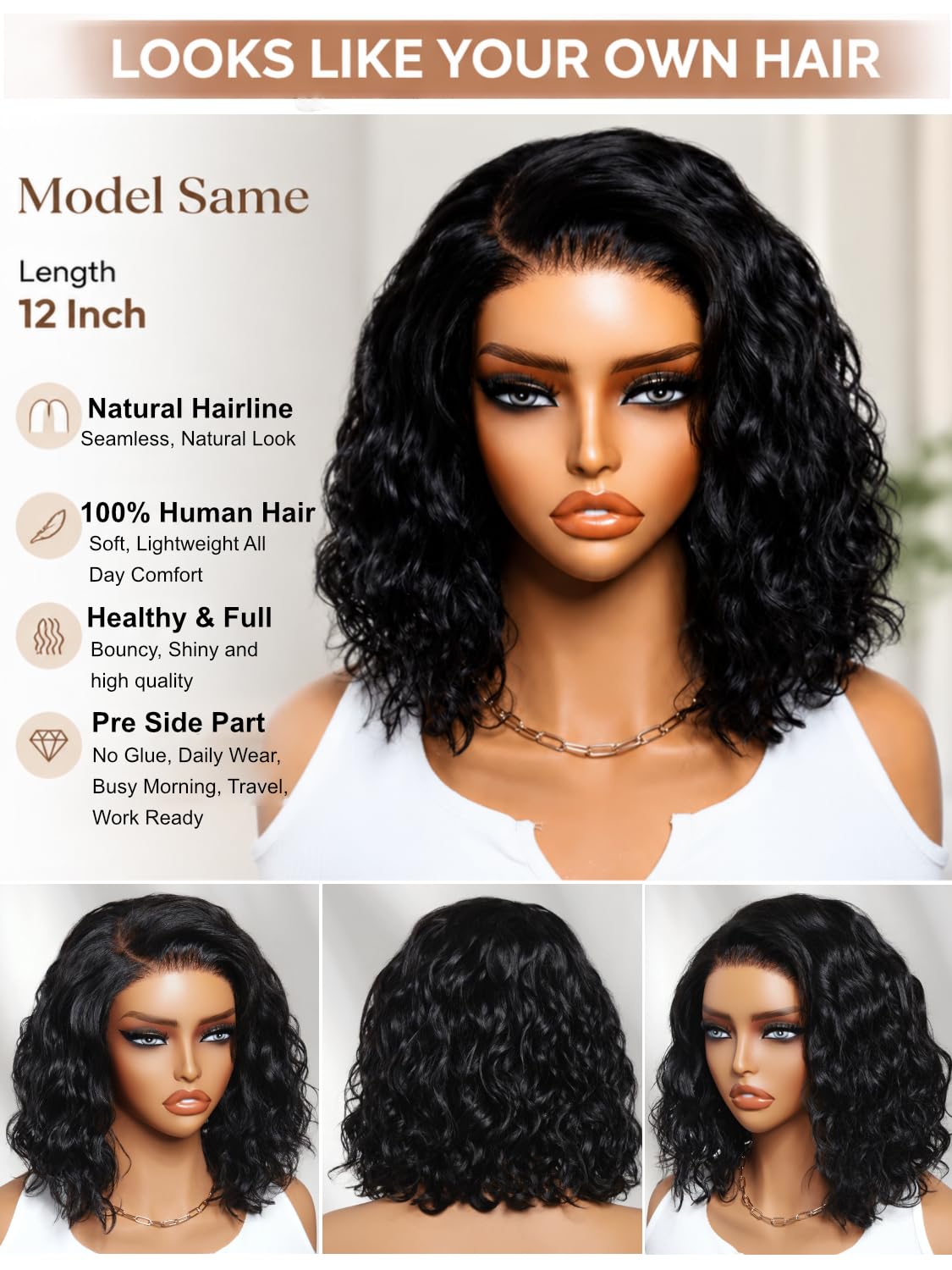 UNICE Bye Bye Slip Water Wave Bob Wig Human Hair, C Side Part 6x4 Glueless Lace Closure Wig, Pre-Plucked & Pre-Cut, 220% Density, Drawstring, Beginner Friendly for Black Women 12 Inch