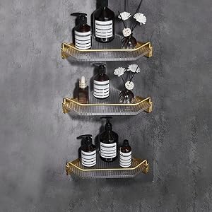 GTFDXJ Bathroom Corner Shelf Shower Caddy Acrylic Wall-Mounted Bathroom Shelf Wall Mounted Bathroom Shelves B Brushed Gold Triple