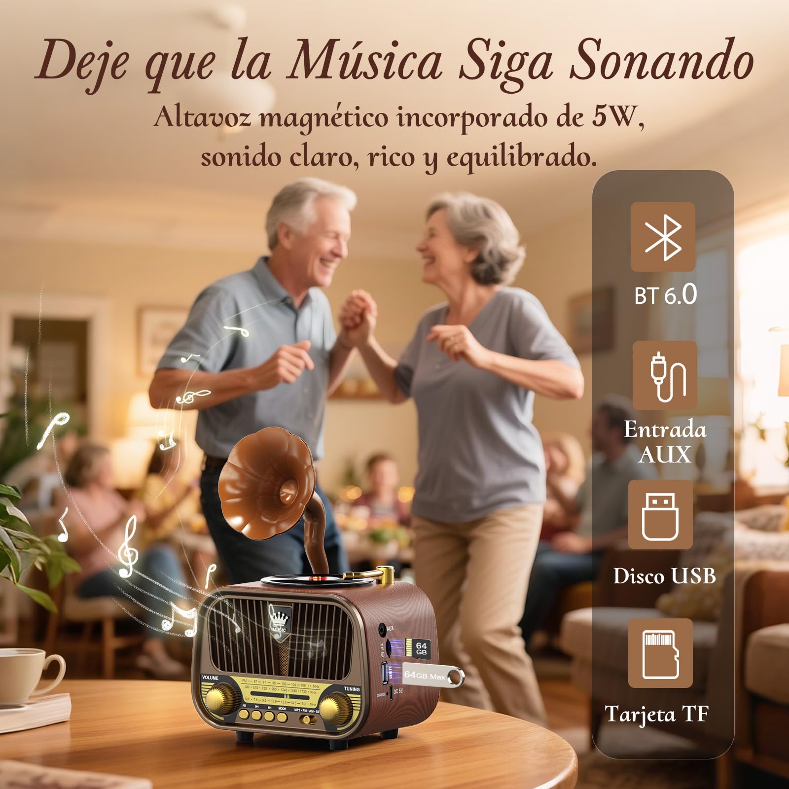 PRUNUS J-190 FM/Am/SW Radio Vintage Retro, Radio Portatil Pequeña Recargable de 1800mAh, Transistor Radios Excelente Recepción, Altavoz de 5W | Bluetooth 6.0 | USB/TF/AUX | Regalos Navidad