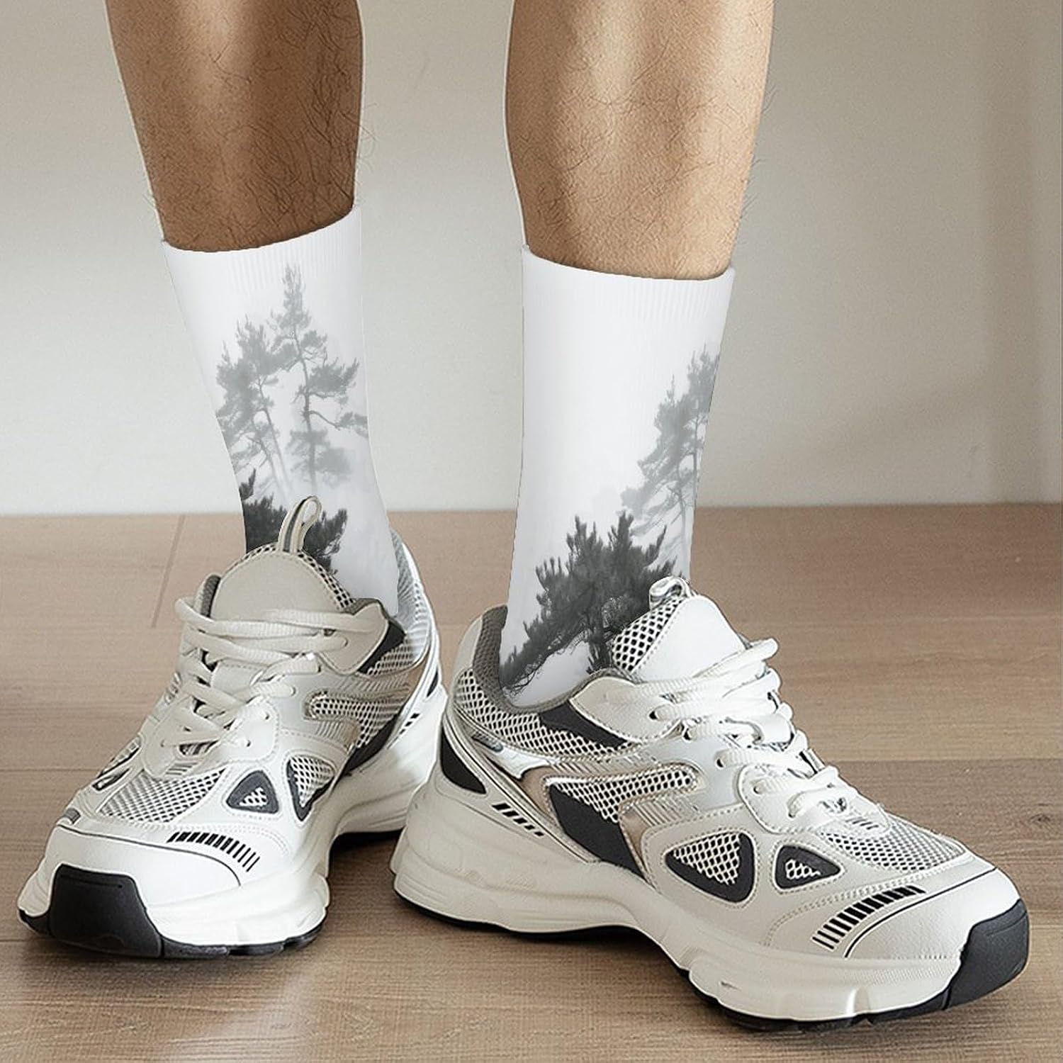 Foggy Mountain Pine Tree Crew Sock High Stocking Grippy Socks | Socks for Men & Women,Stockings-Long Thin Tube Sports, Breathable Soft Athletic for Nurses,Travel