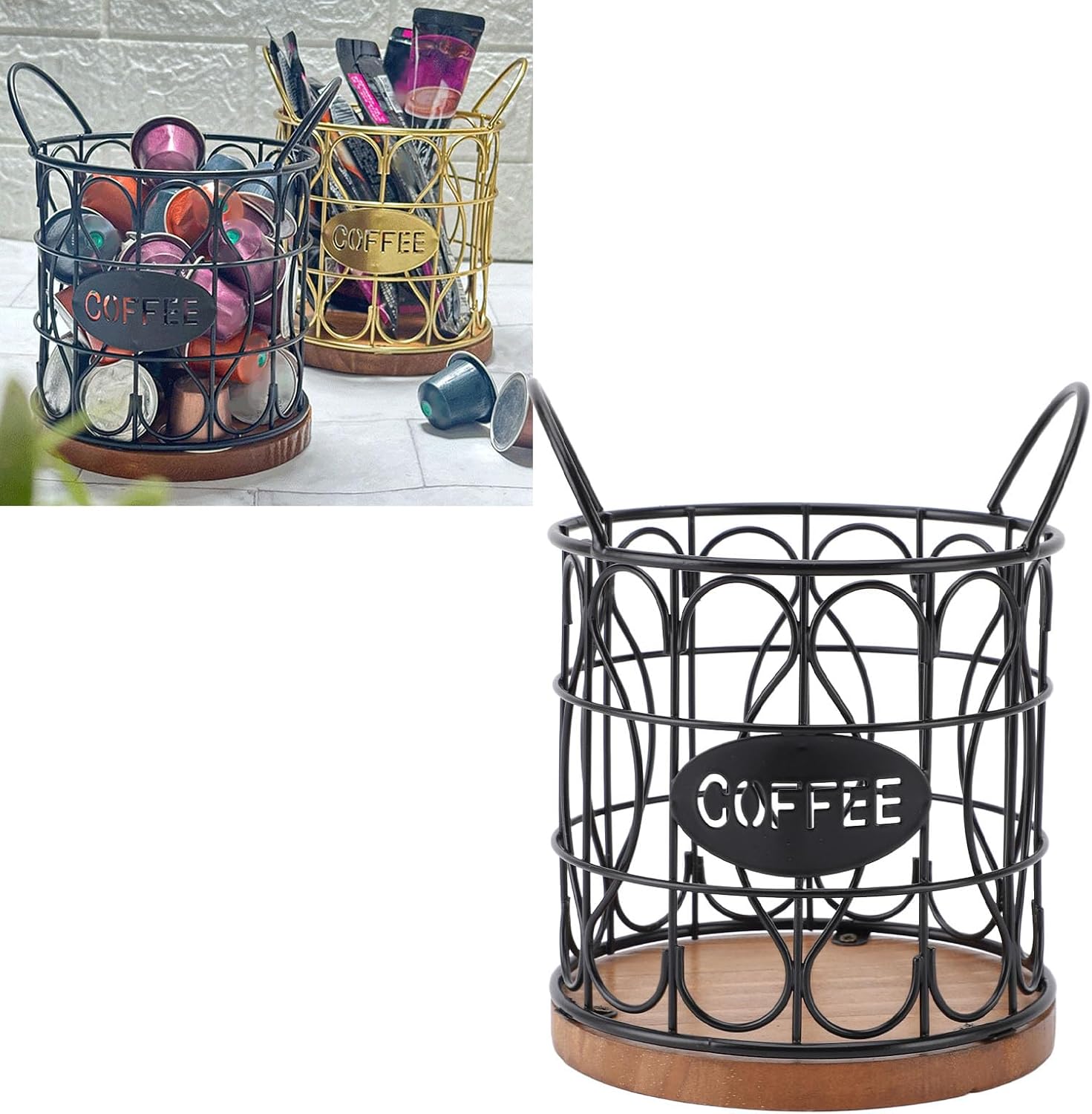 Coffee Pod Storage Basket, Black Wire with Wooden Base, Large Capacity Holder for Espresso Capsules, Modern Coffee Station Organizer