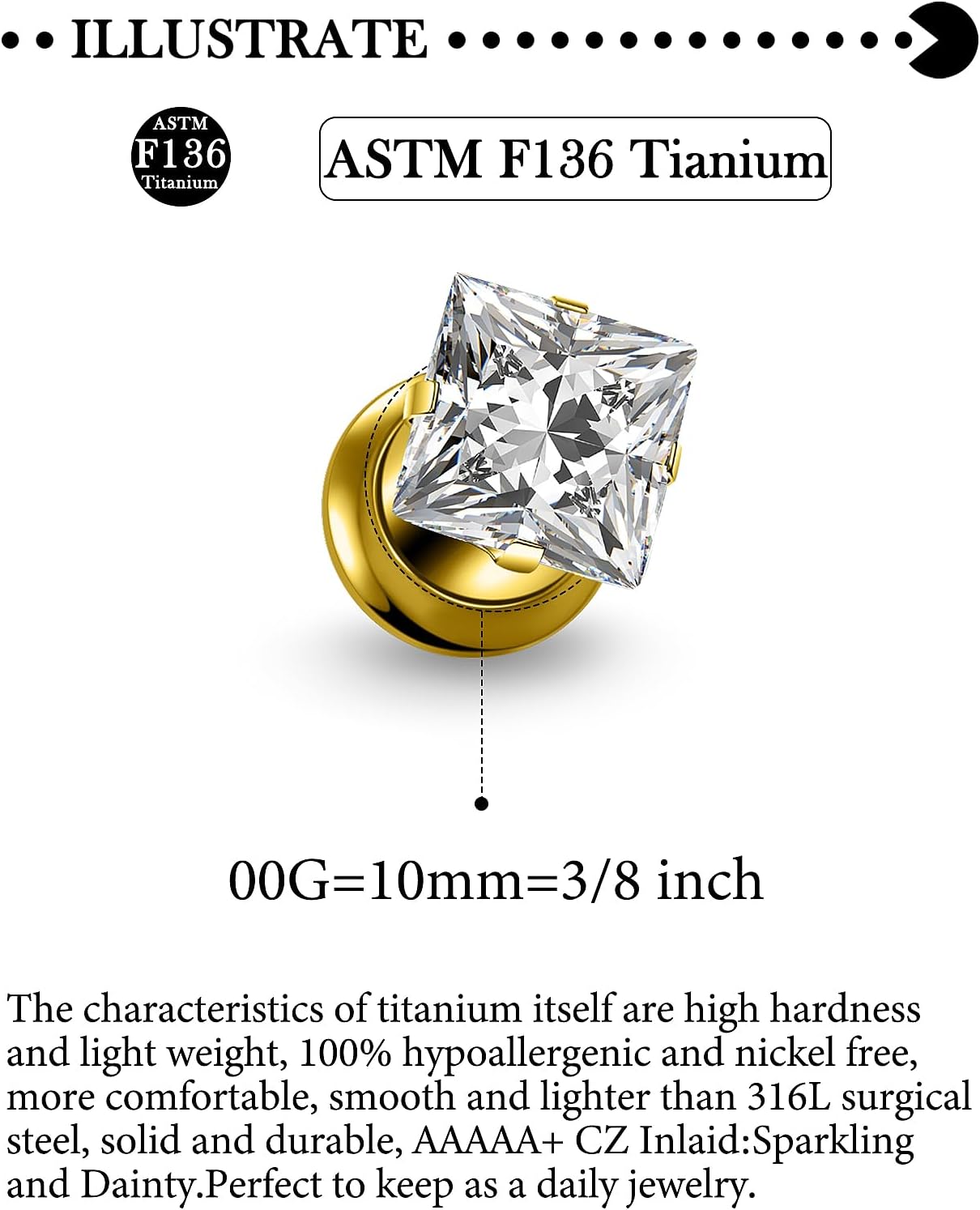10G-00G F136 Titanium Square Zircon Ear Gauges Screw Fit Flesh Tunnels Plugs Earrings Hypoallergenic Implant Medical Grade Surgical Steel Plugs Piercing Jewelry for Women Men