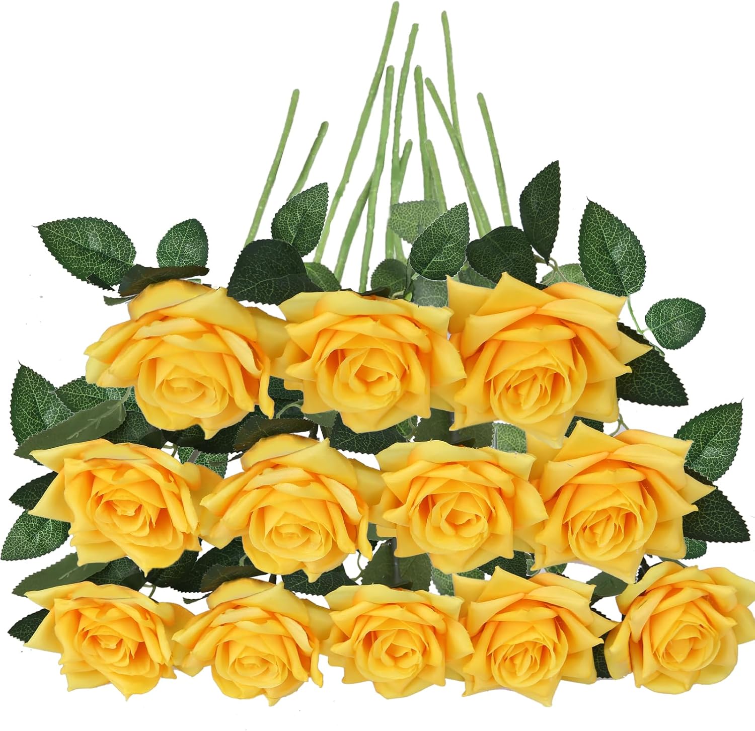 GREENTIME 12 Pack Yellow Fake Roses Artificial Flowers with Stems Silk Flower Bouquet for Home Table Centerpiece Wedding Bridal Decor Baby Shower Engagement Party Decorations