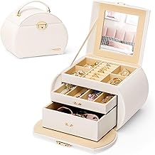 Homde Girls Jewelry Box Jewelry Storage Case Organizer with Mirror for Rings, Earrings, Bracelets, Necklaces (White + Gold)