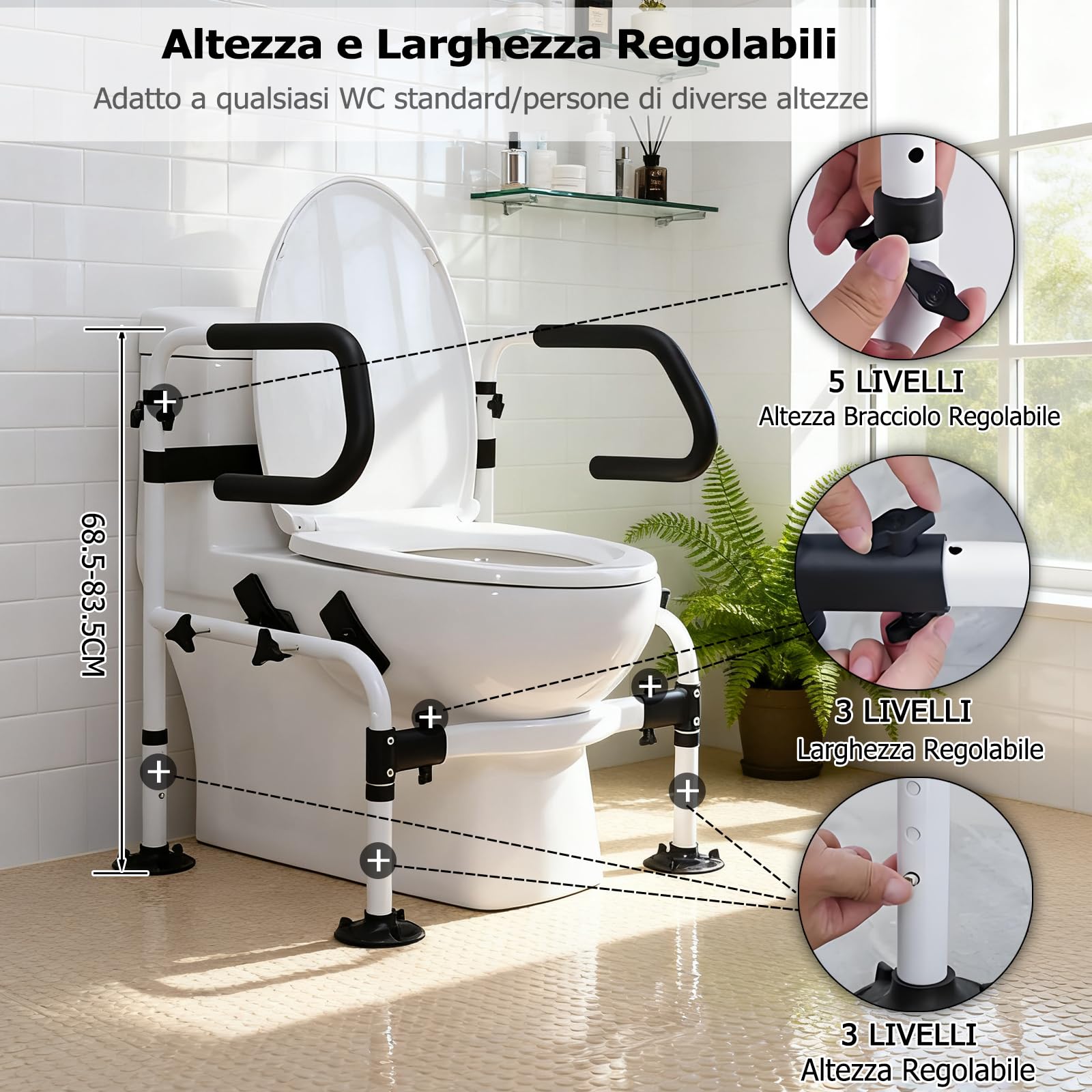 NJUN Supporti di Sicurezza per WC, Larghezza e Altezza Regolabili Telaio di Sicurezza per WC con Corrimano Antiscivolo a Doppio Strato e Grande Ventosa, Supporto WC per Anziani Incinte Disabili