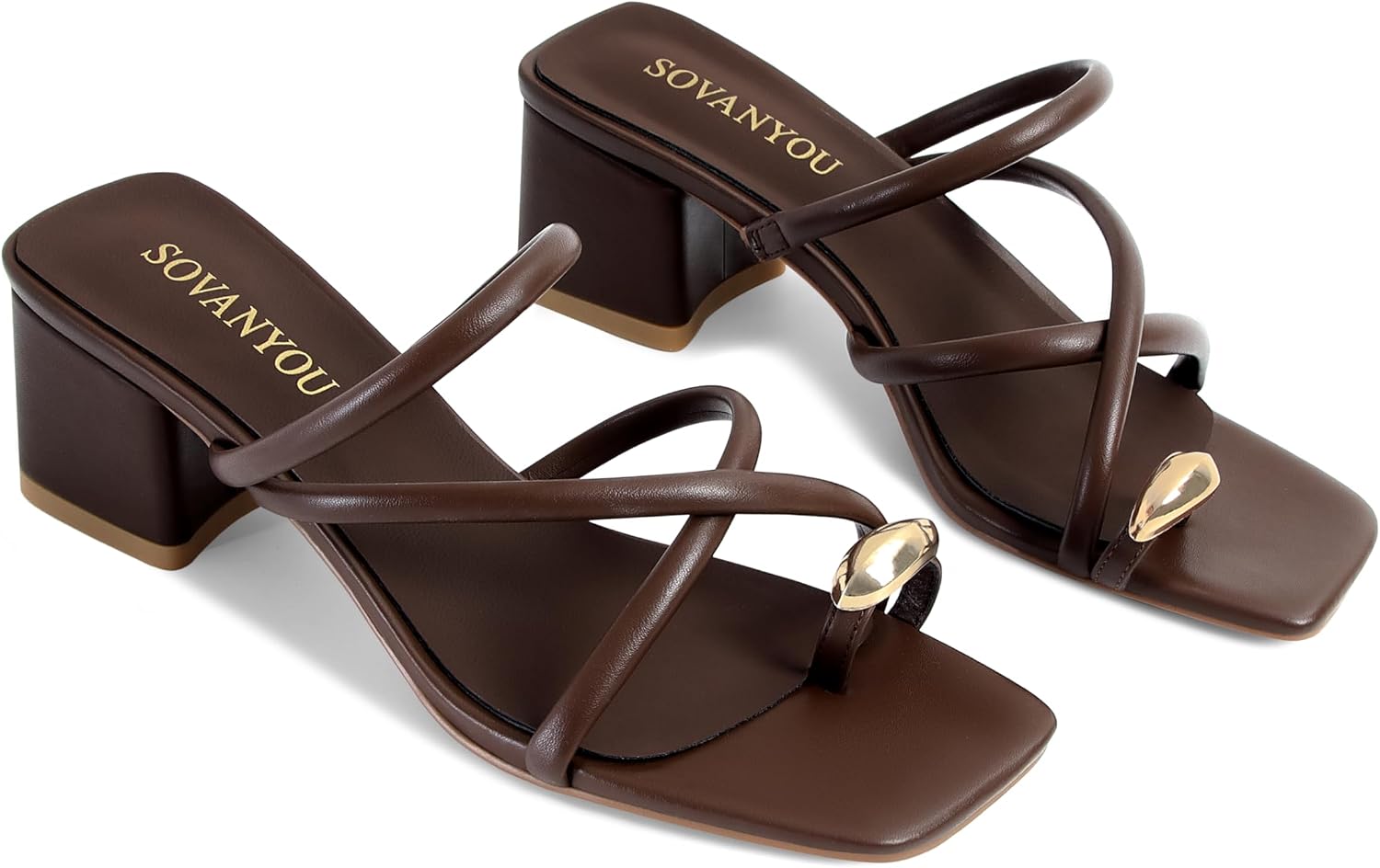 SOVANYOU Strappy Heeled Sandals for Women Toe Ring Chunky Block Heels Womens Wedge Sandals Opened Square Toe Casual Dressy Shoes