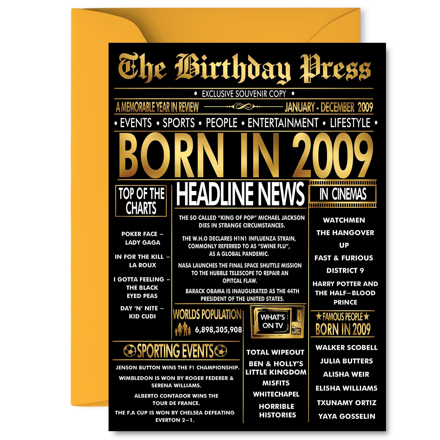 Gold 17th Birthday Card for Boys Girls - Black & Golden Newspaper Born in 2009 - Happy 17 Birthday Cards for Cousin Daughter Sister Niece Nephew Grandson, 5x7 Inch Bday Greeting Cards