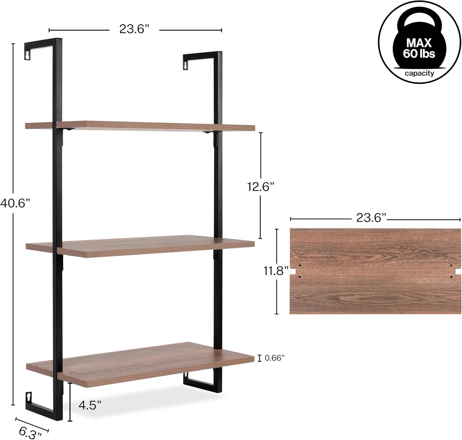 happimess MSH1000C Madera 40.55" Classic Industrial 3-Shelf Wood Wall-Mounted Open Ladder Bookcase with Metal Frame, Brown/Black