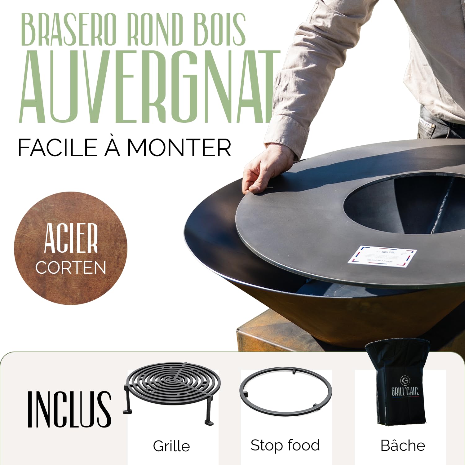 GRILL'CHIC - Pack Privilège Brasero Auvergnat Corten Bois Rond - Simple Cuve - Avec Bâche + Grille + Stop Food Inclus - À Assembler - Fabriqué en France - Ø60 x 78 cm