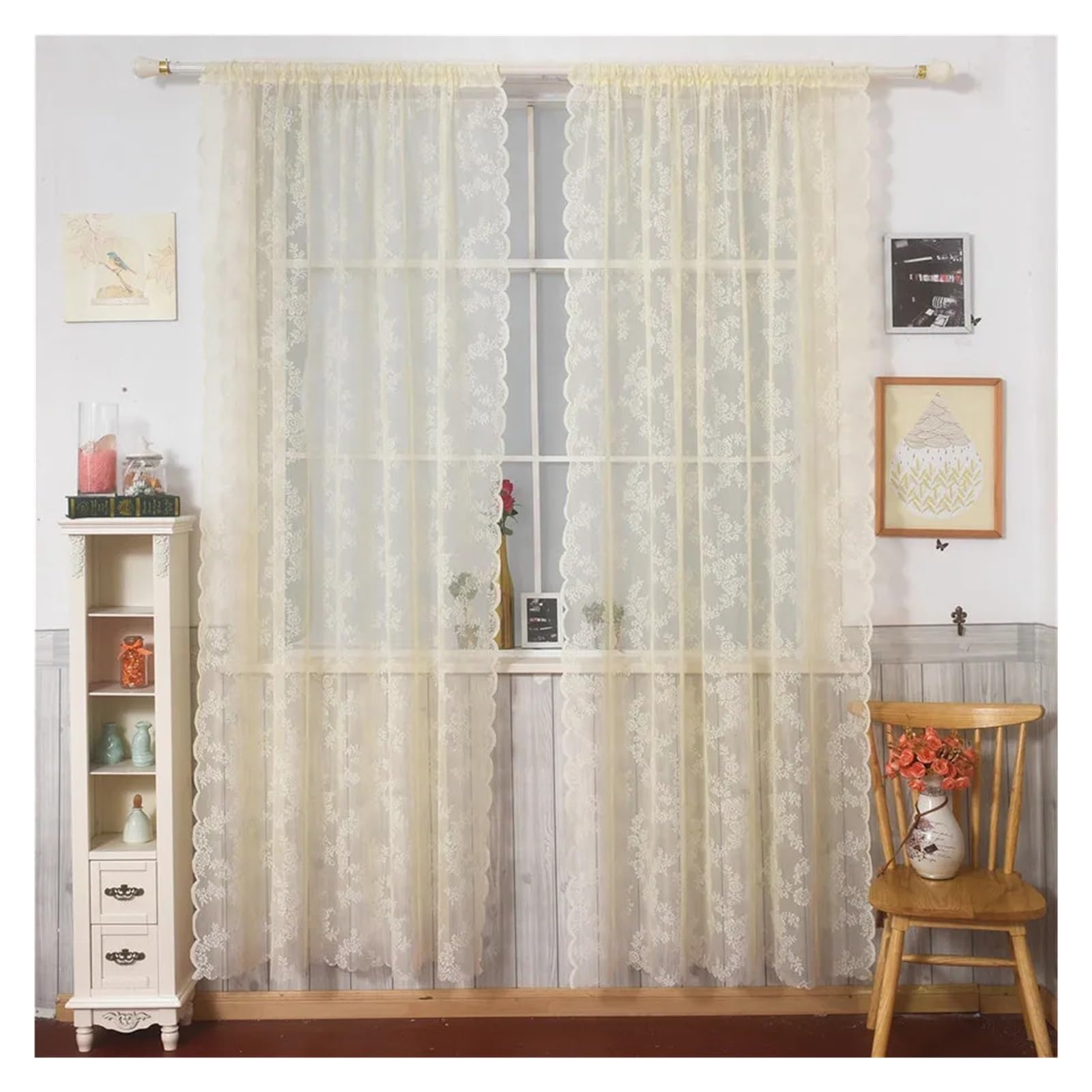 Rideau dentelle haut de gamme beige à œillets 280x250cm