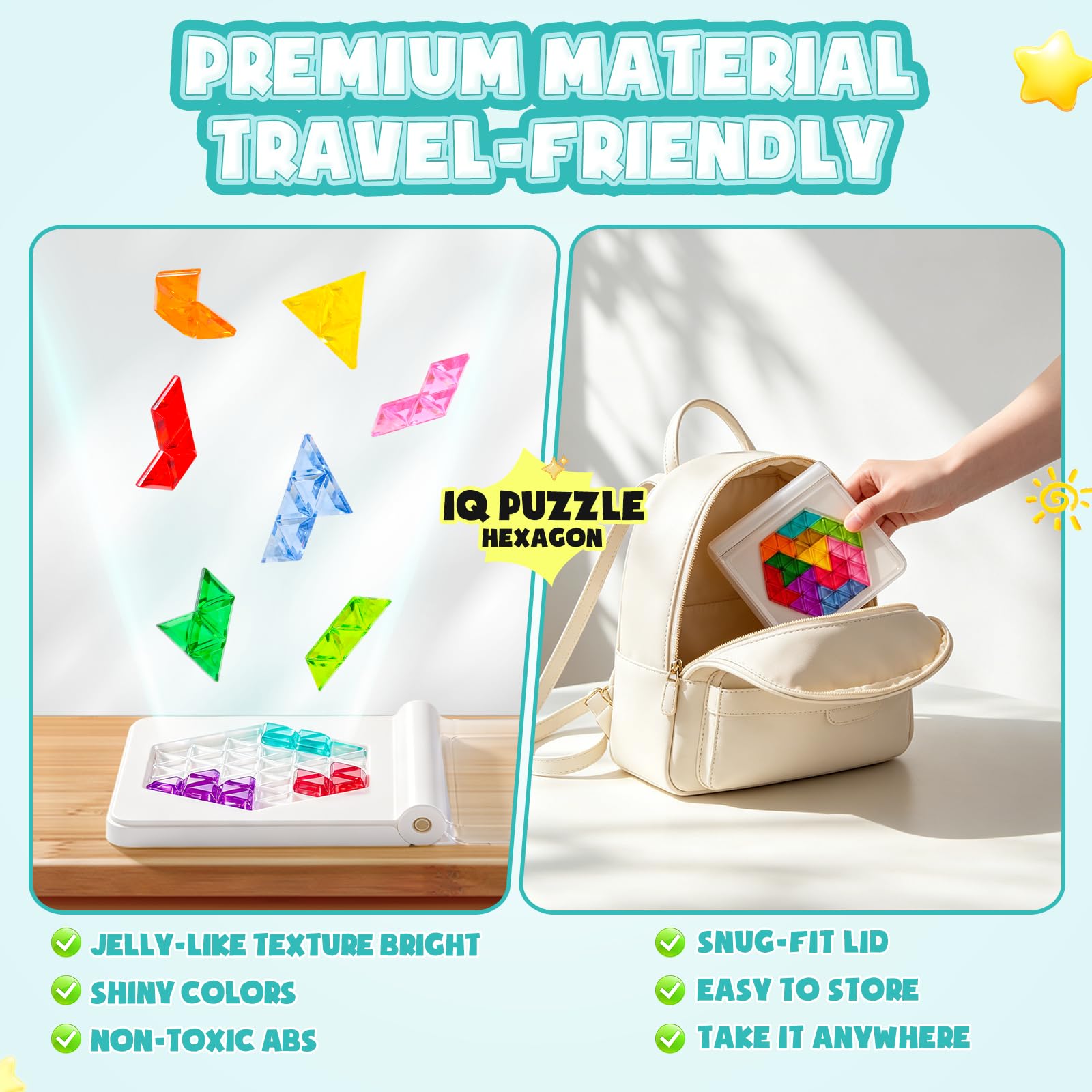 Gioco di posa geometrica, puzzle IQ, sfide progressive e 2 forme (stella/esagonale), pietre lucide colorate come gelatina, portatile, con coperchio e libretto delle soluzioni, per adulti e