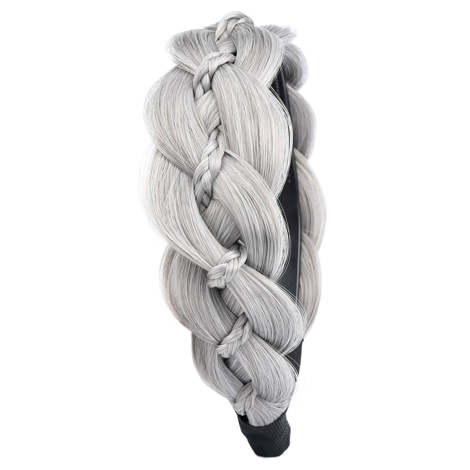 GLEDOLA Wide Braided Headband with Teeth Synthetic Hair Plaited Headband High Elasticity Braids Hair Band Hairpiece for Girls Women (Smoky Gray