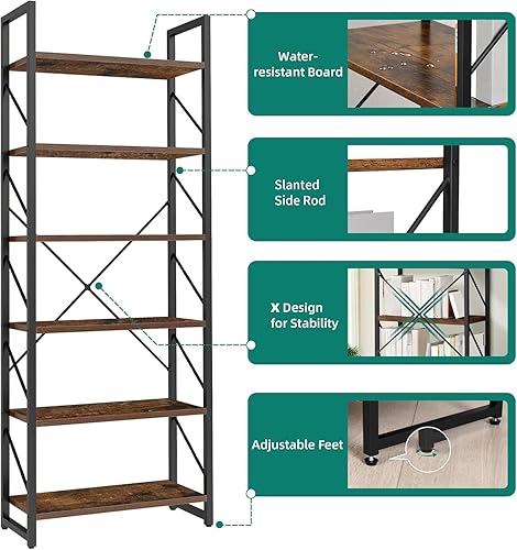 Miniatura 5 de YITAHOME Estantería alta antigua para libros de 6 niveles, estantes abiertos para sala de estardormitoriohogaroficinacocina, organizador de soporte