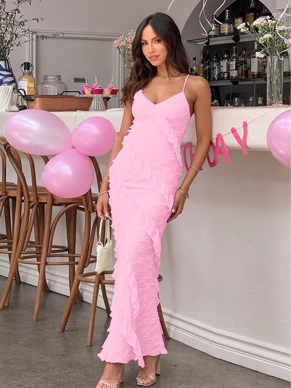 HOCILLE Women's Sexy V Neck Floral Lace Wedding Bodycon Spaghetti Strap Elegant Ruffle Maxi Cocktail Party Dresses - Image 3