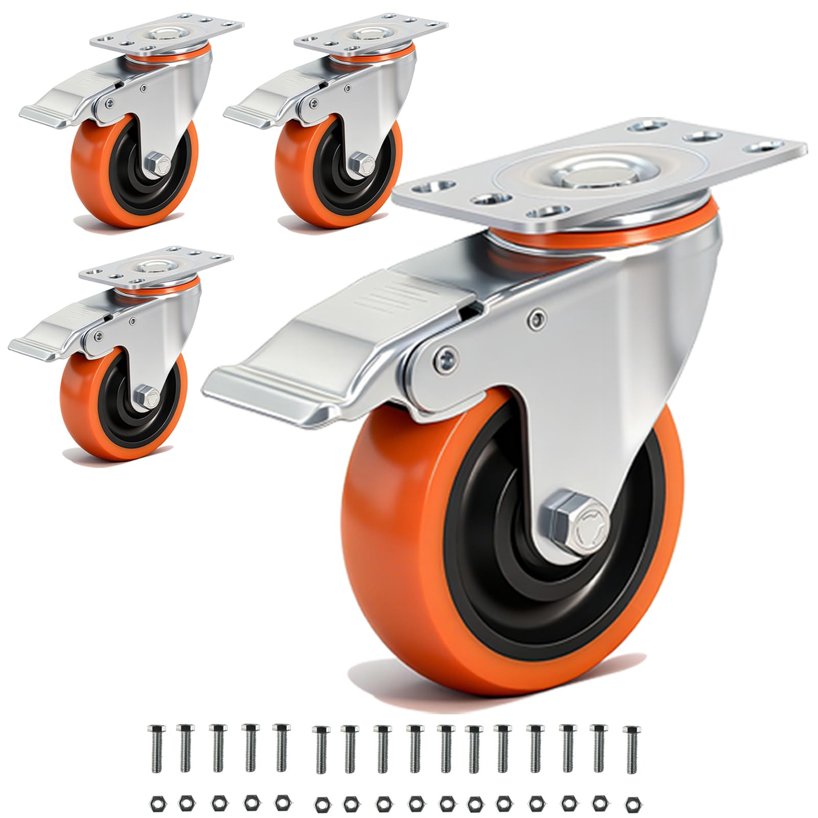 TESUMI Caster Wheels 4" Inch Heavy Duty Casters Set of 4 with Brake Total Capacity 2200lbs Swivel Plate Industrial PU Wheel Locking Casters for Cart,